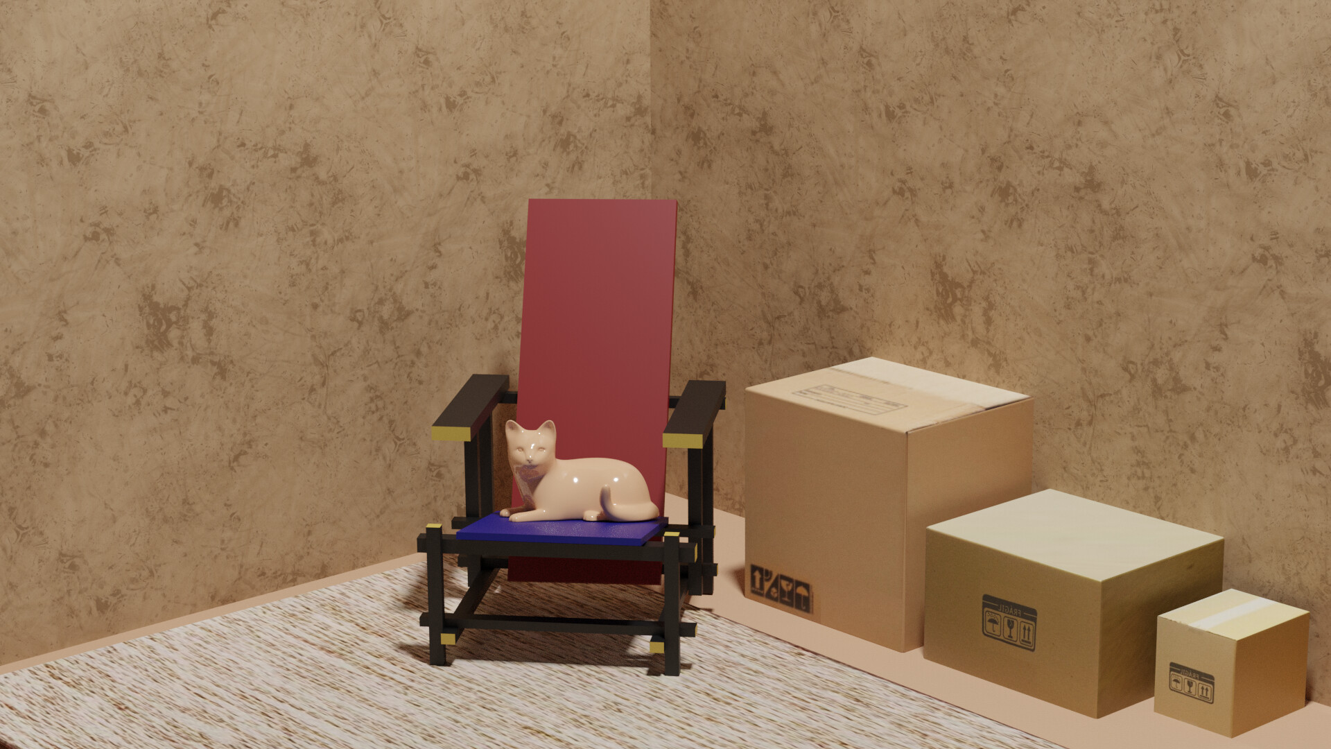 RYB Chair with porcelain Cat made in Blender circa 2023