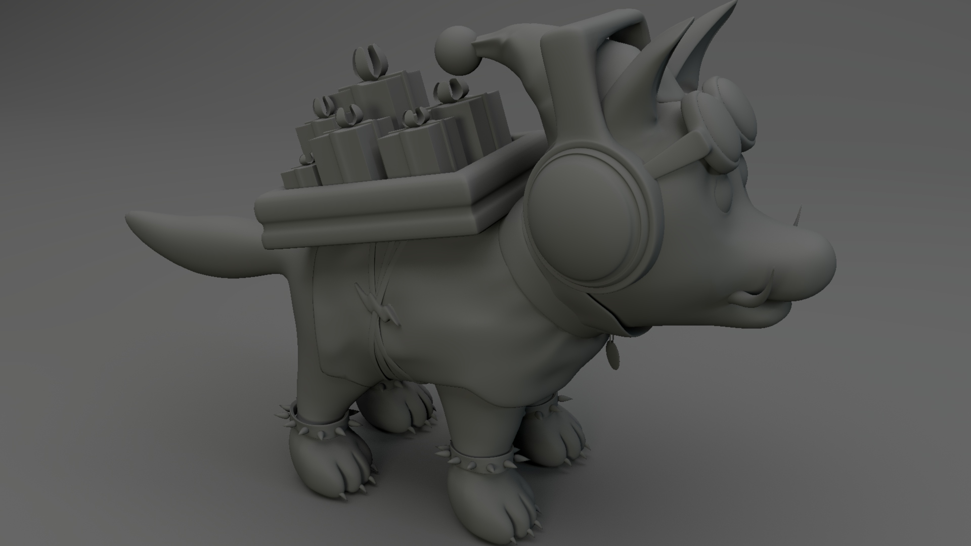 A playful and festive 3D model of a dog wearing a jester hat and goggles