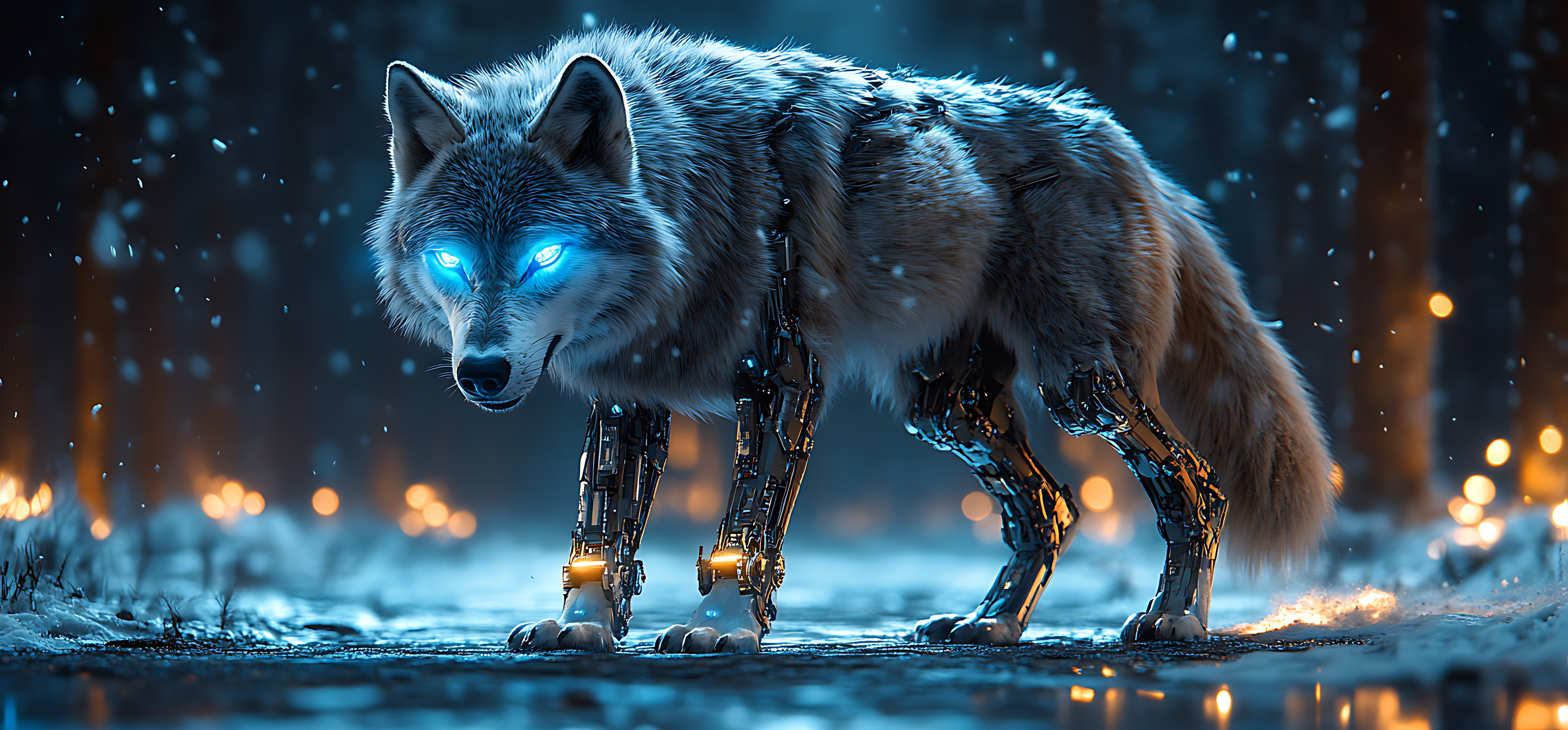 A robotic wolf with glowing blue eyes stands in a snowy forest