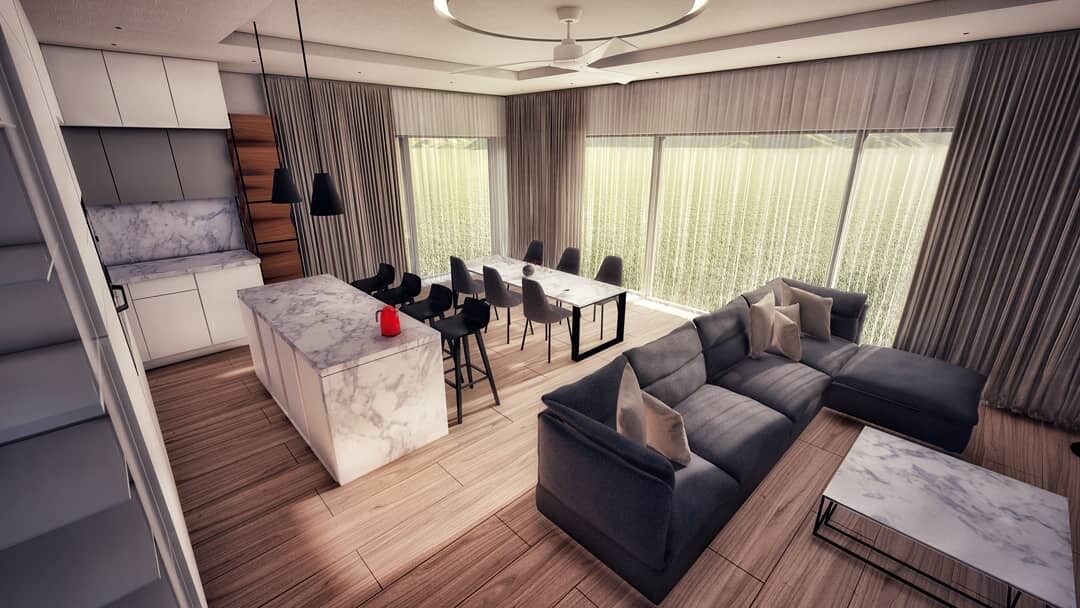 Modern livingroom with kitchen